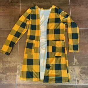 LONG Green and Gold Open Light Open Front Sweater (Duster) - S
